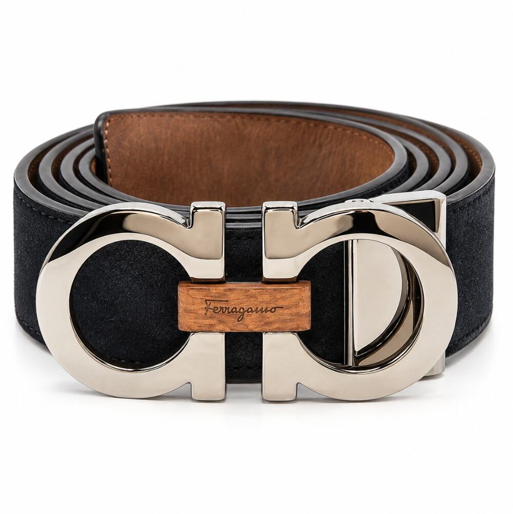 SALVATORE FERRAGAMO Double Gancini Belt Black Silver Sz 42 $595